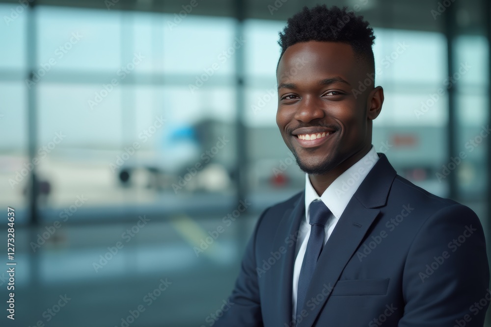 Head and shoulders Portrait of an elegant stylish Guinean young male flight attendant in uniform. Head and shoulders Portrait of an elegant stylish Guinean young male flight attendant in uniform.