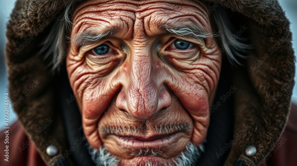 Close-up of an elderly Eskimo man with a weathered face and serene expression Close-up of an elderly Eskimo man with a weathered face and serene expression