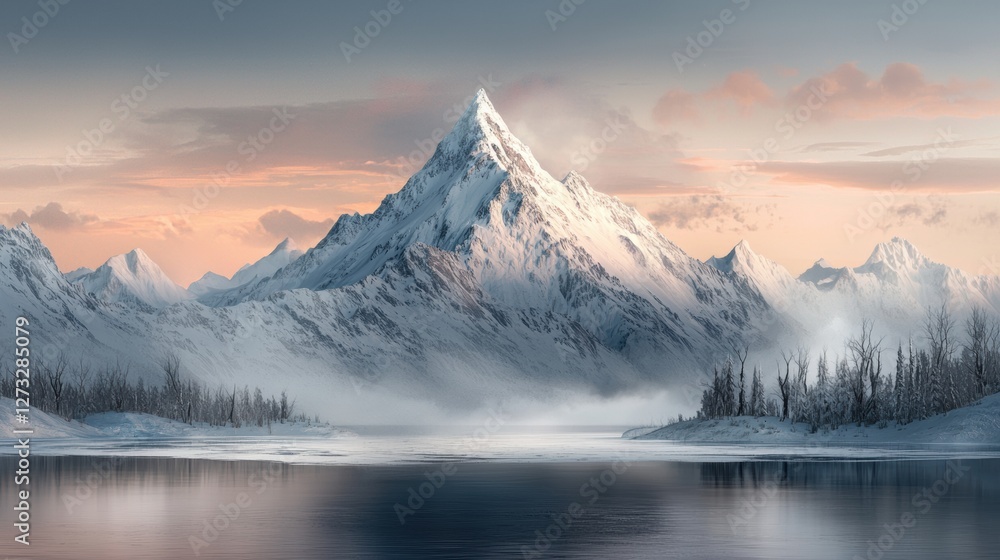 Obraz premium A Majestic Watercolor Mountain Scene Capturing the Serenity of Nature with a Lake in the Foreground