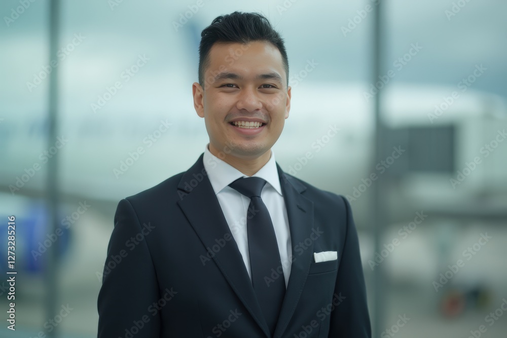 Head and shoulders Portrait of an elegant stylish Honduran young male flight attendant in uniform. Head and shoulders Portrait of an elegant stylish Honduran young male flight attendant in uniform.