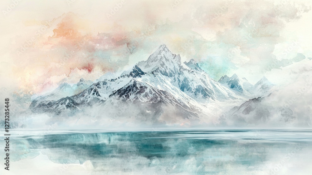 Fototapeta premium Stunning Watercolor Painting of Majestic Mountains and Serene Waters Capturing Nature's Beauty