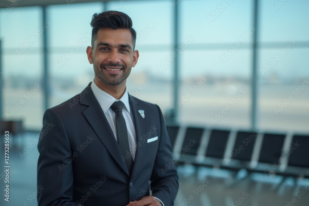 Head and shoulders Portrait of an elegant stylish Indian young male flight attendant in uniform. Head and shoulders Portrait of an elegant stylish Indian young male flight attendant in uniform.