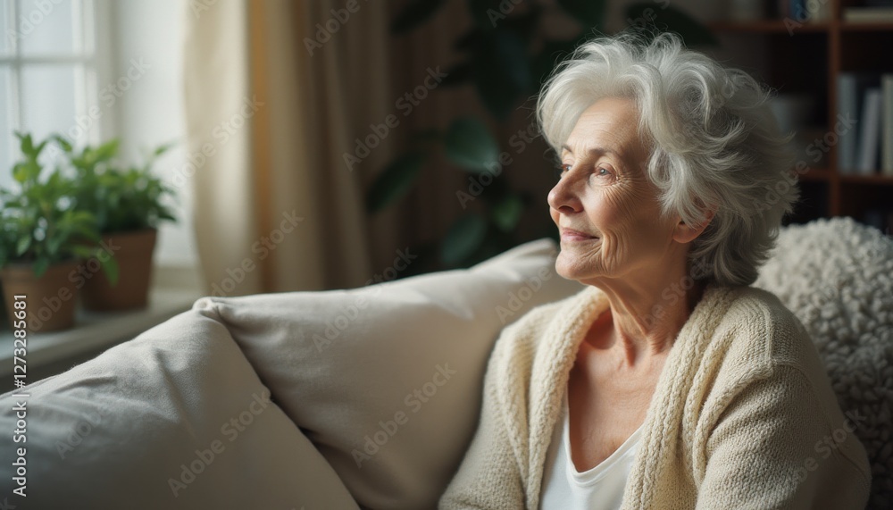 Elderly Caucasian woman relaxing on a couch while looking out the window in a cozy indoor environment Elderly Caucasian woman relaxing on a couch while looking out the window in a cozy indoor environment