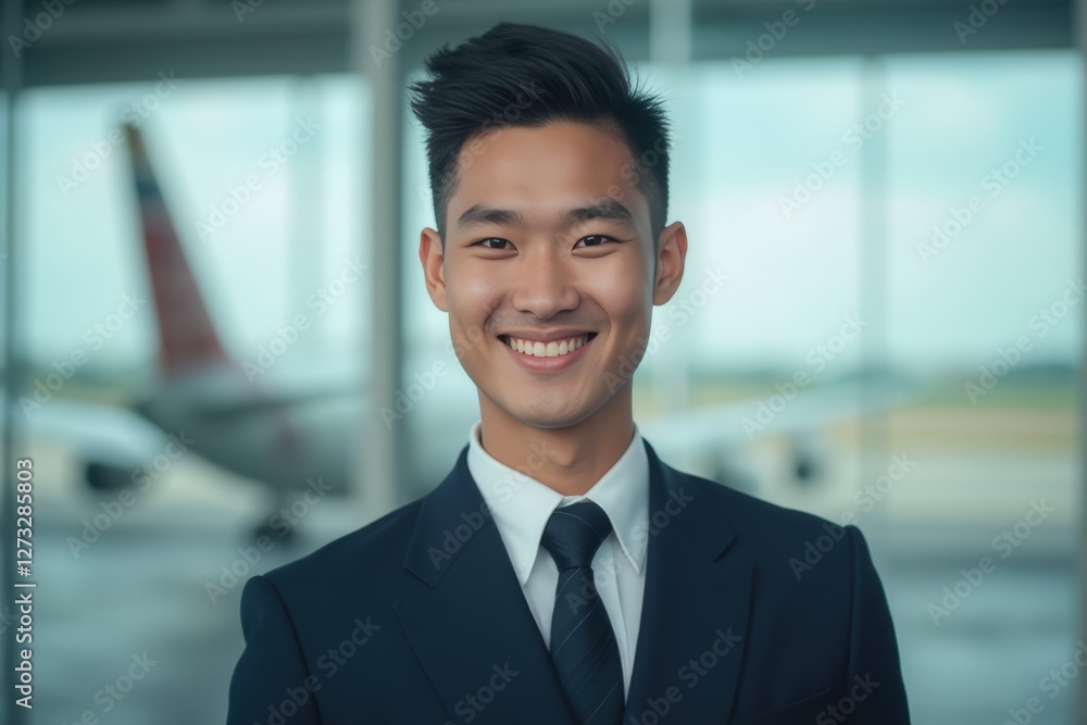 Head and shoulders Portrait of an elegant stylish Indonesian young male flight attendant in uniform. Head and shoulders Portrait of an elegant stylish Indonesian young male flight attendant in uniform.