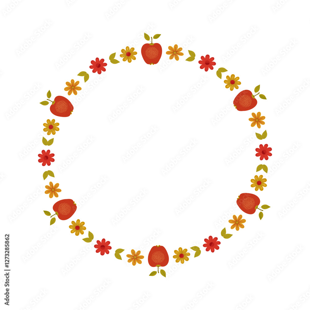 Round frame with Hand-drawn flowers and apples. Red textured apples and flowers isolated on a white background. Vector elements for invitations, postcards, posters, menus. Round frame with Hand-drawn flowers and apples. Red textured apples and flowers isolated on a white background. Vector elements for invitations, postcards, posters, menus.