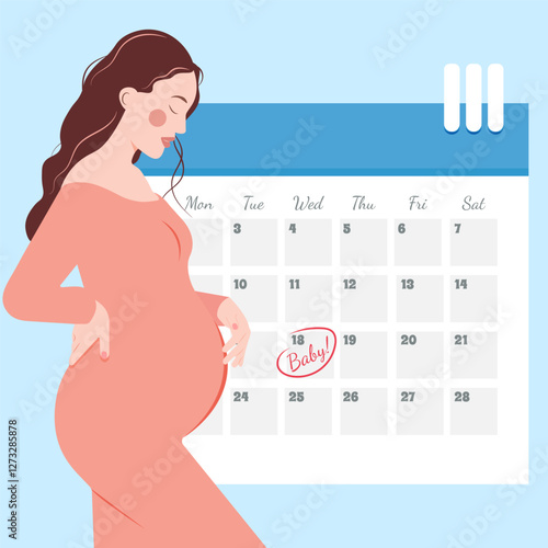 A vector illustration of a pregnant woman with a calendar marking the due date. Perfect for pregnancy content, family planning, and medical materials. Modern flat design with a warm color palette.