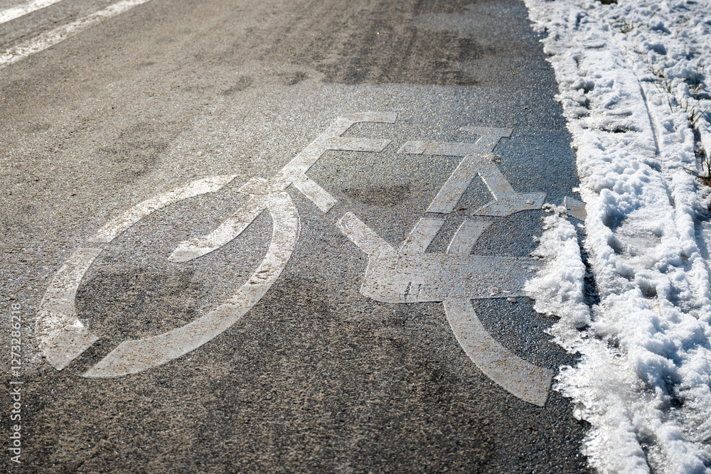 Road markings with separate lanes for pedestrians and bicycles. Winter conditions.