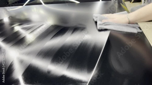 Automotive ceramics. Car service worker applying nano coating on a car detail. Specialistic ceramic coating liquid powder on to sponge by unrecognizable professional. Car detailing process.