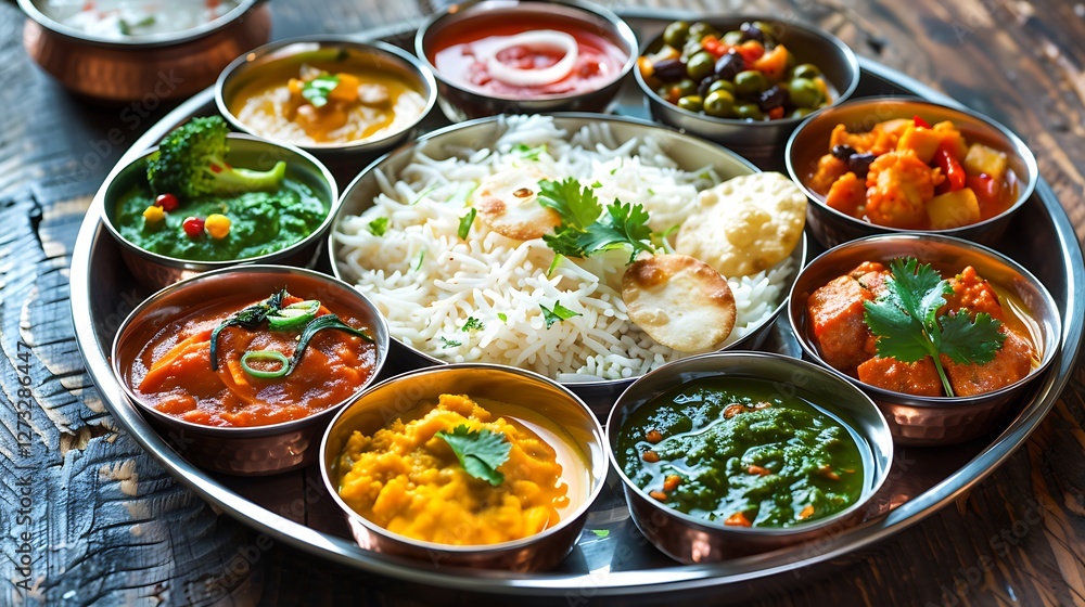 A colorful Indian thali with a variety of small dishes, no shadows The thali takes center stage, with no text, logo, signature, human body, people, or plants, A colorful Indian thali with a variety of small dishes, no shadows The thali takes center stage, with no text, logo, signature, human body, people, or plants,