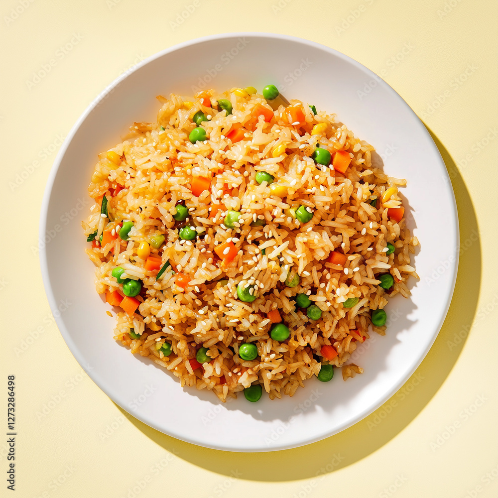 Homemade vegetable fried rice with peas, carrots, and sesame seeds on white plate, asian-inspired dish with golden crispy rice grains and fresh healthy ingredients Homemade vegetable fried rice with peas, carrots, and sesame seeds on white plate, asian-inspired dish with golden crispy rice grains and fresh healthy ingredients