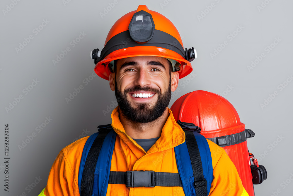 Closeup portrait of fireman in uniform smiling Closeup portrait of fireman in uniform smiling