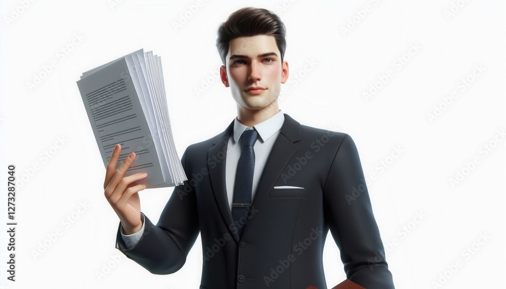 Business presentation by a confident man in a suit holding documents studio professional setting Business presentation by a confident man in a suit holding documents studio professional setting