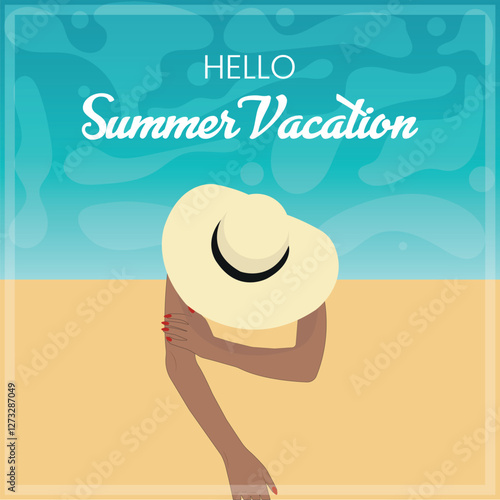 Hello Summer, Vacation, Vacation, African-American girl sunbathes on the pool in a light sun hat, summer vacation, palm tree, swimming circle, beach holiday, banner on the horizon