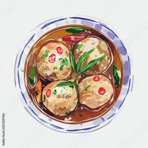 Watercolor Bakso Meatball Soup with Herbs