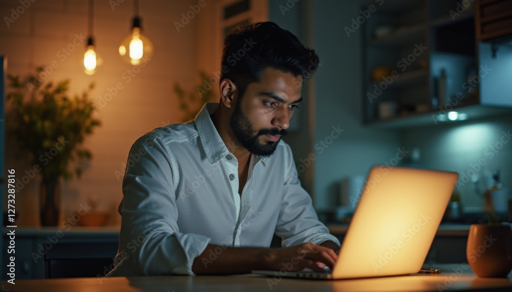 Young South Asian professional working late at night on laptop in modern kitchen setting with warm ambient lighting Young South Asian professional working late at night on laptop in modern kitchen setting with warm ambient lighting