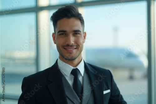 Head and shoulders Portrait of an elegant stylish Kuwaiti young male flight attendant in uniform. photo