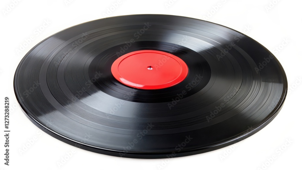 Black Vinyl Record with Red Label, Isolated on White Background Black Vinyl Record with Red Label, Isolated on White Background
