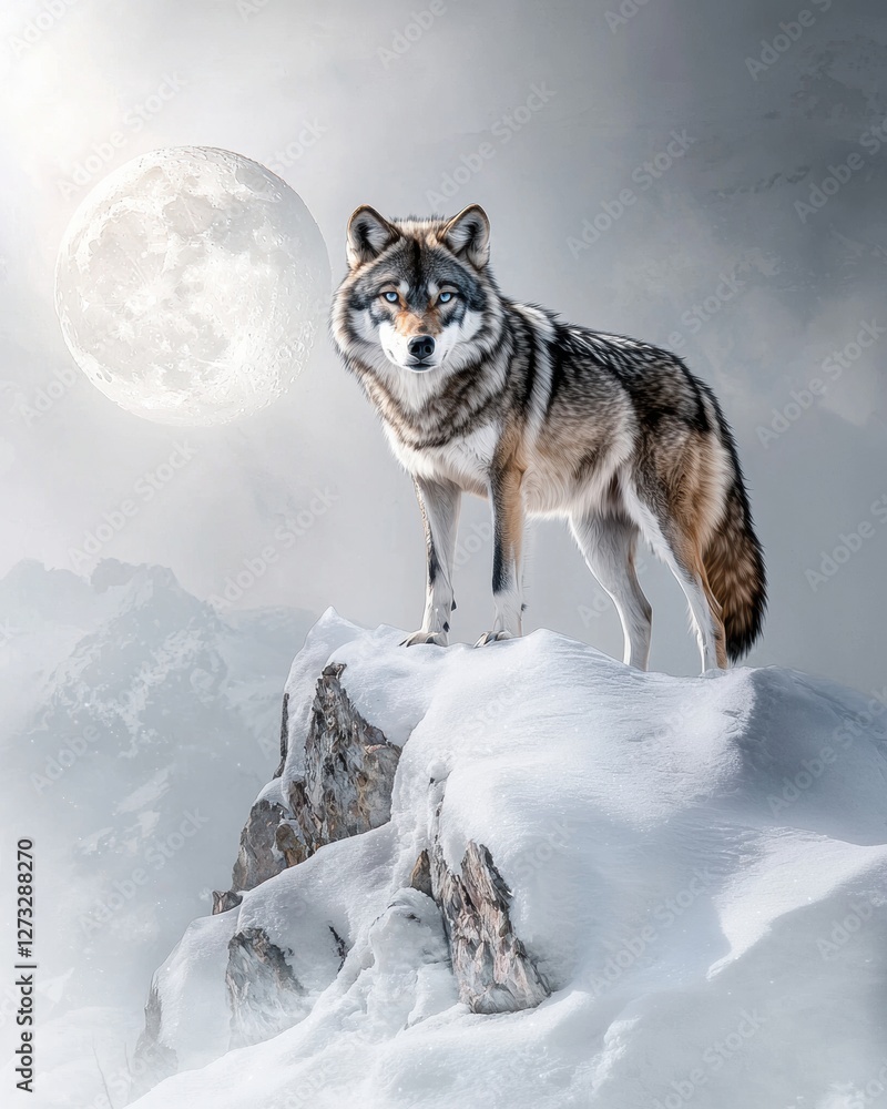 Fototapeta premium Majestic Wolf Standing Tall on a Snowy Mountain in Guided Watercolor Brush Strokes