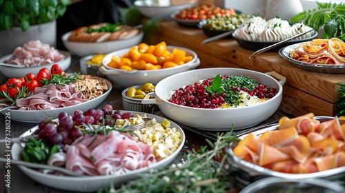 A traditional Swedish smörgåsbord with a varied spread, no shadows The spread takes center stage, with no text, logo, signature, human body, people, or plants, 