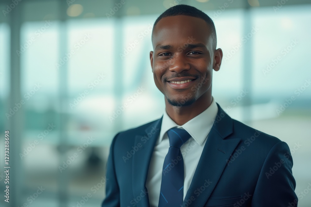 Head and shoulders Portrait of an elegant stylish Liberian young male flight attendant in uniform. Head and shoulders Portrait of an elegant stylish Liberian young male flight attendant in uniform.