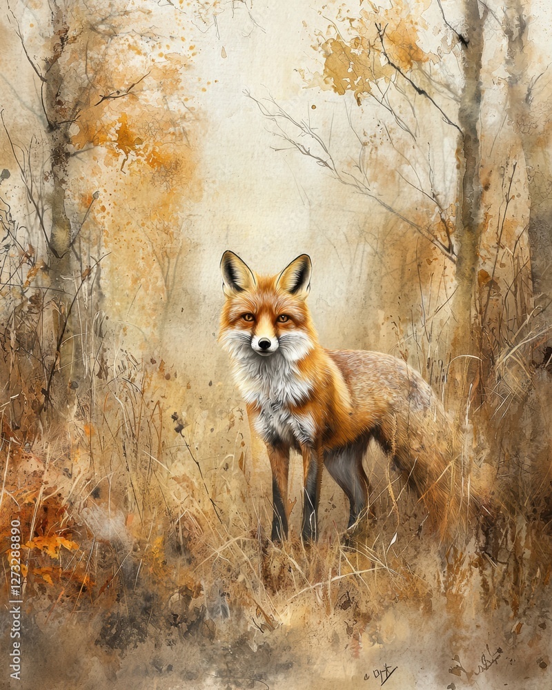 Obraz premium A Stunning Watercolor Painting of a Fox Wandering Through a Lush Forest Setting with Vibrant Colors and Details