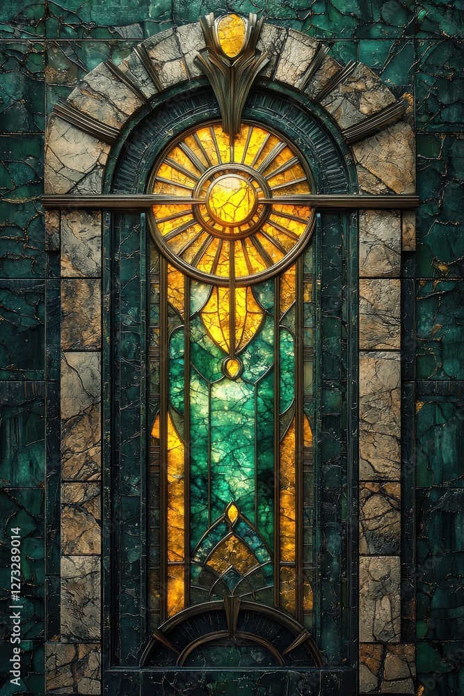 Obraz premium Elegant art deco style with geometric gold and green botanical design