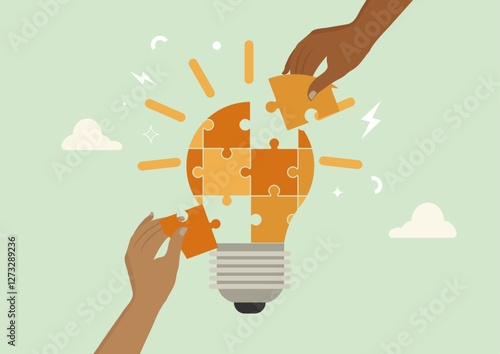 Collaborative Energy Solutions Teamwork Puzzle Light Bulb Concept. Diverse hands assembling puzzle pieces to form a light bulb, symbolizing teamwork in energy innovation, collaborative problem-solving