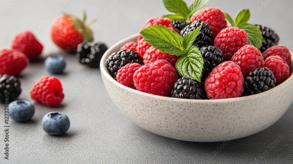 A beautifully arranged bowl filled with fresh raspberries, blackberries, and blueberries, garnished with mint leaves, perfect for healthy snacks and desserts. A beautifully arranged bowl filled with fresh raspberries, blackberries, and blueberries, garnished with mint leaves, perfect for healthy snacks and desserts.