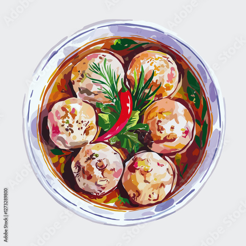 Watercolor Bakso Meatball Soup with Herbs