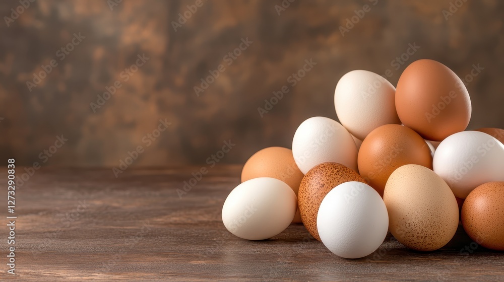 A pleasing arrangement of white and brown eggs stacked artistically on a table, symbolizing variety and abundance in nature, ideal for food-related imagery and creativity. A pleasing arrangement of white and brown eggs stacked artistically on a table, symbolizing variety and abundance in nature, ideal for food-related imagery and creativity.