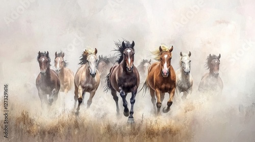 A Beautiful Watercolor Painting of a Dynamic Group of Horses Running Freely in an Open Field