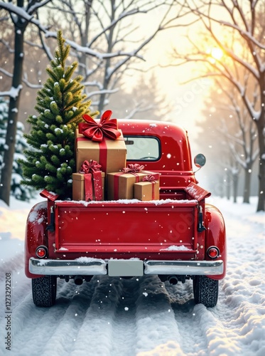 Red Pickup Truck Transporting Christmas Tree and Gifts in Winter