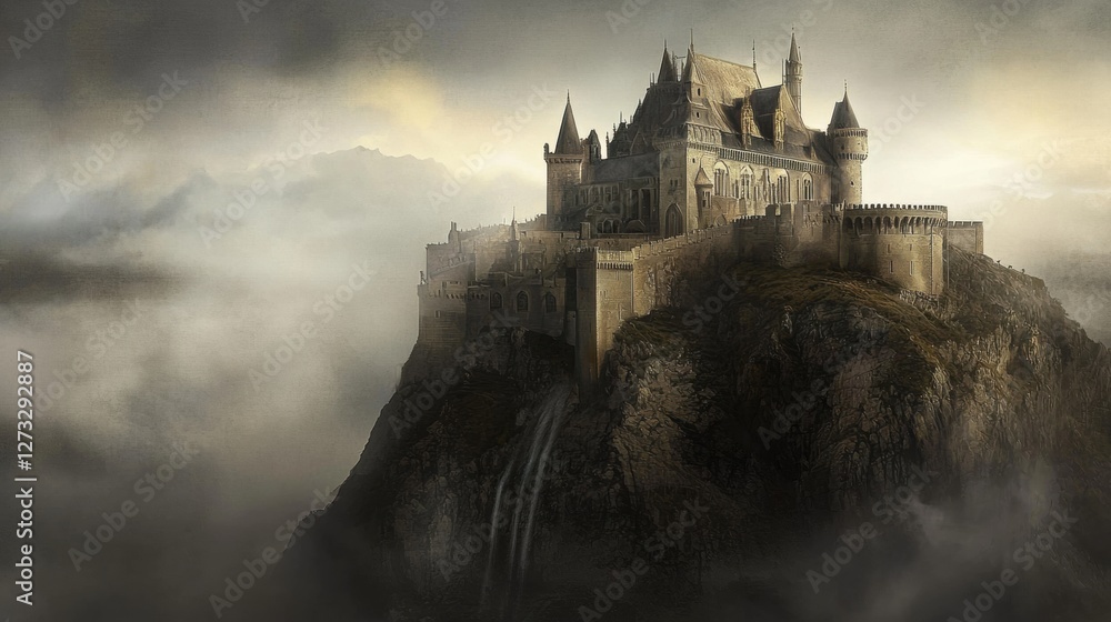 Fototapeta premium Mysterious Mountain Castle Shrouded in Fog - A Serene Watercolor Painting Capture of Nature's Majesty