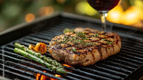 Outdoor grilling steak with asparagus and vegetables, wine being poured in the background photo