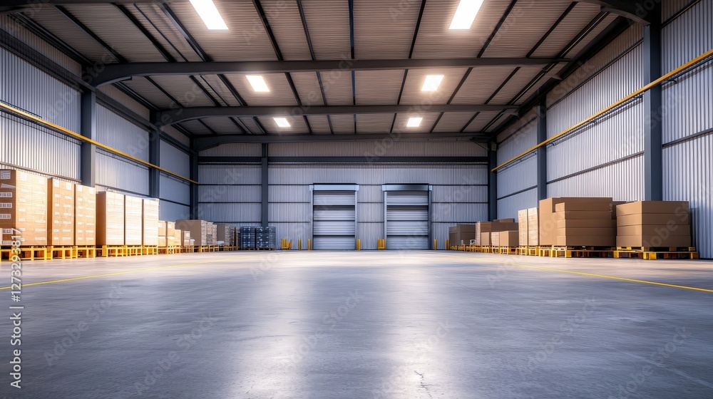 A spacious, modern warehouse interior with stacked boxes and a polished concrete floor, illuminated by bright overhead lights. A spacious, modern warehouse interior with stacked boxes and a polished concrete floor, illuminated by bright overhead lights.