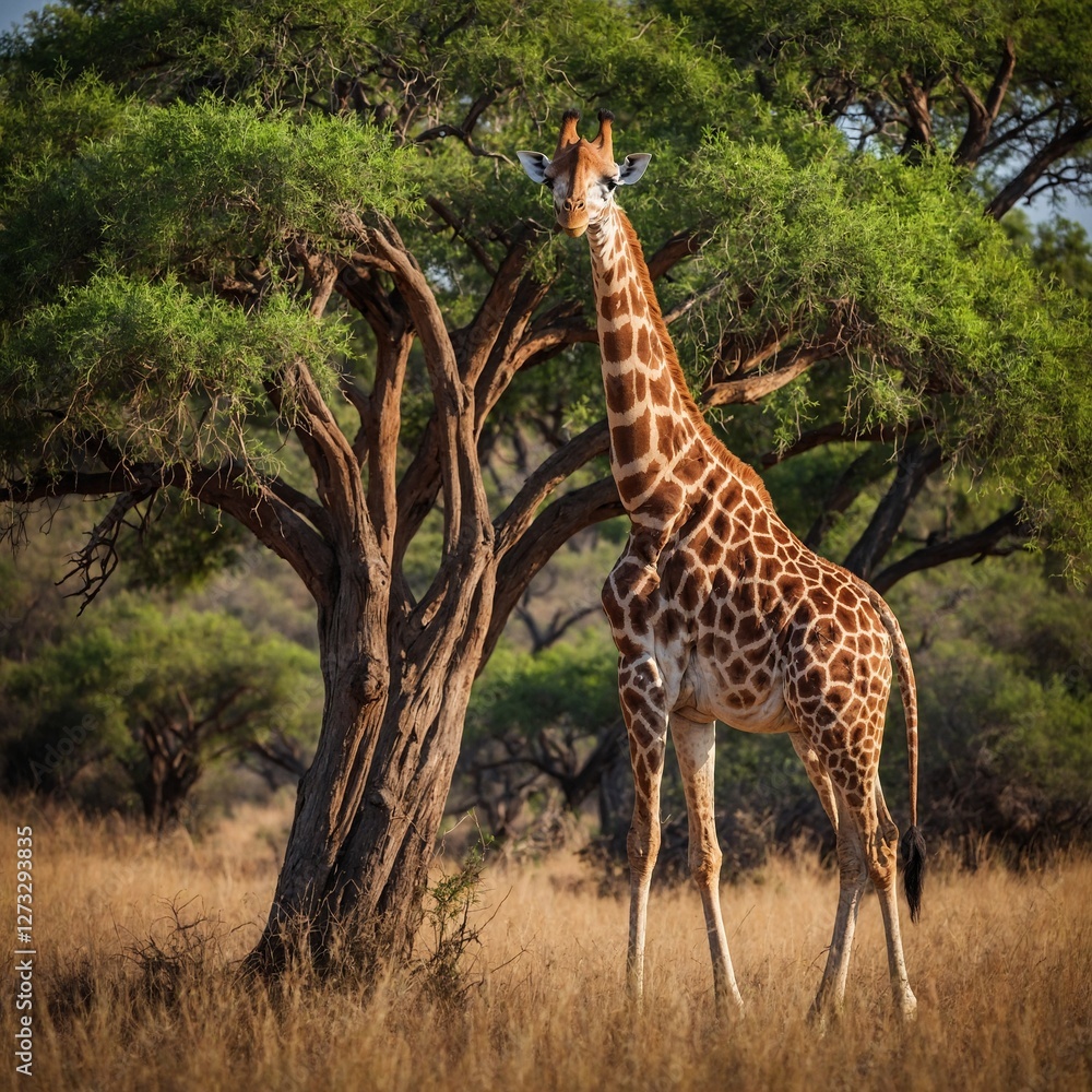 Obraz premium A gentle giraffe stretching its neck to eat leaves from an acacia tree in the African savanna.