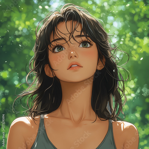 Beautiful young woman standing in a lush green forest with sunlight filtering through the leaves on a tranquil day. Anime style