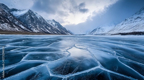 Frozen lake with cracked ice, icy frozen lake in mountain landscape, frozen lake reflecting winter sky, frozen lake with deep blue ice formations, frozen lake surrounded by snowy mountains