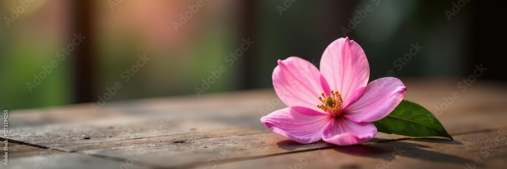 A single soft pink blossom sits atop a wooden tea table, single bloom, simple A single soft pink blossom sits atop a wooden tea table, single bloom, simple