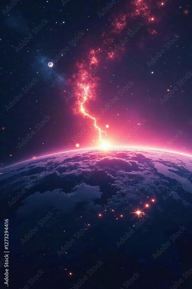 Fototapeta premium A star rises over a distant planet's atmosphere, galaxy, space, atmosphere