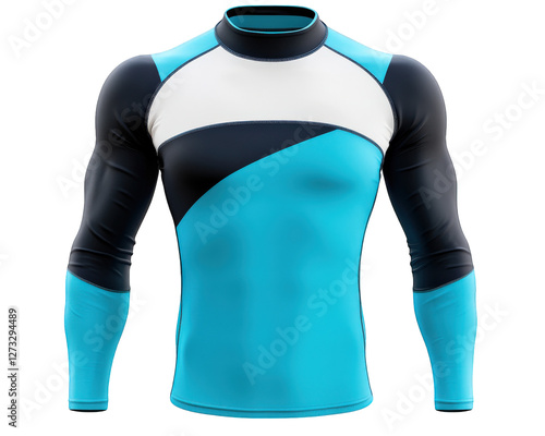 Sporty rash guard with UV protection, designed for surfing and water sports. vibrant blue and white colors enhance visibility and style while providing comfort and flexibility photo