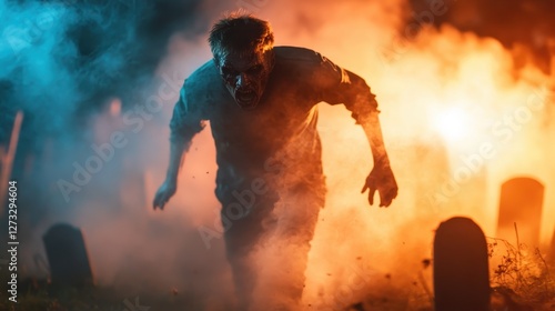 A terrifying zombie staggering through a foggy graveyard at night, with flickering light casting eerie shadows, capturing a spine-chilling essence of horror and dread.