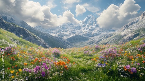 A Vibrant Meadow Surrounded by Majestic Mountains Under a Bright Sky