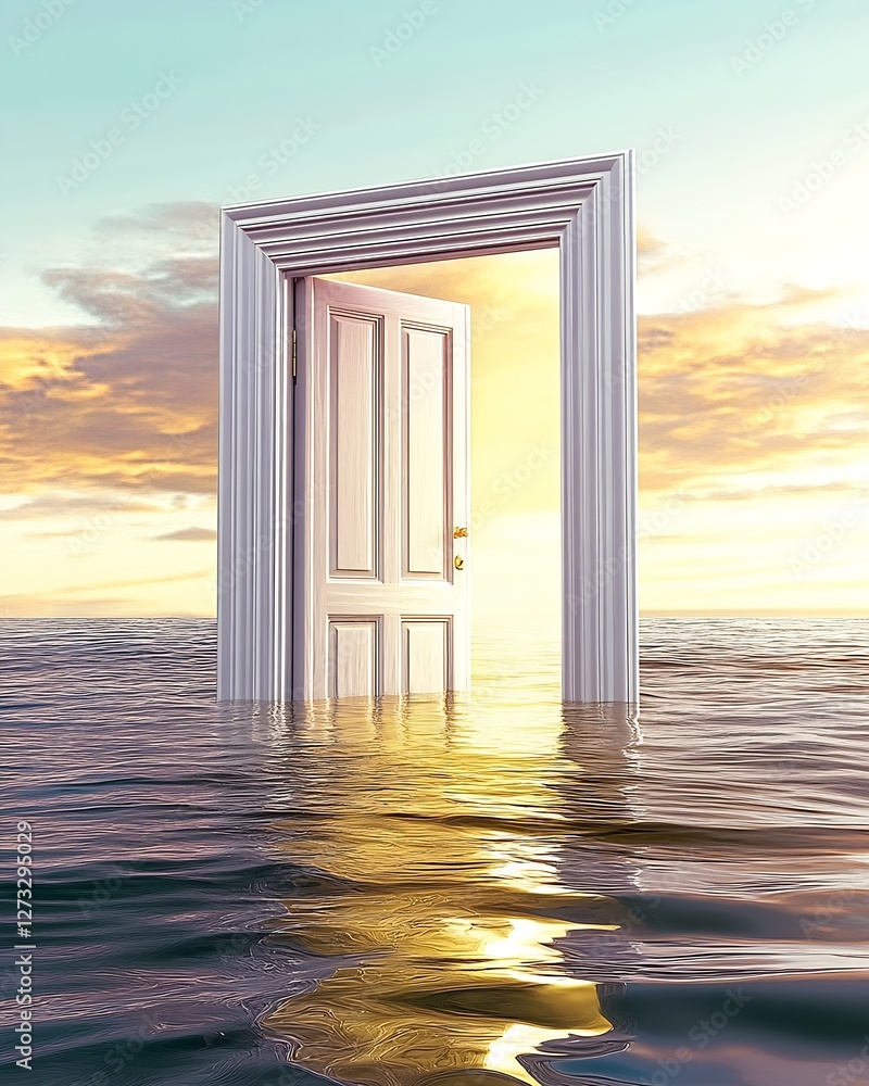 Fototapeta premium Surreal doorway rising from the ocean at sunset creating a dreamlike atmosphere : Generative AI