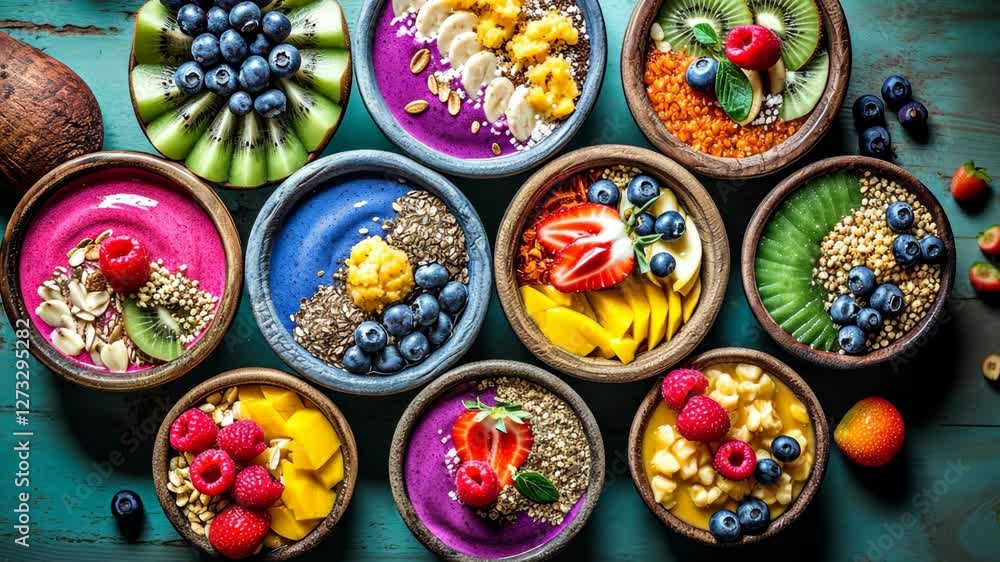 Vibrant assortment of smoothie bowls topped with fresh fruits, nuts, and seeds, arranged on a rustic wooden table Vibrant assortment of smoothie bowls topped with fresh fruits, nuts, and seeds, arranged on a rustic wooden table