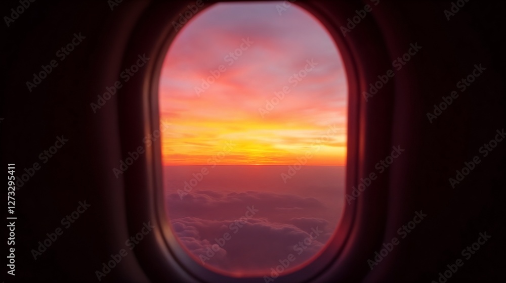 Beautiful sunset viewed from an airplane window high above the clouds during evening travels Beautiful sunset viewed from an airplane window high above the clouds during evening travels