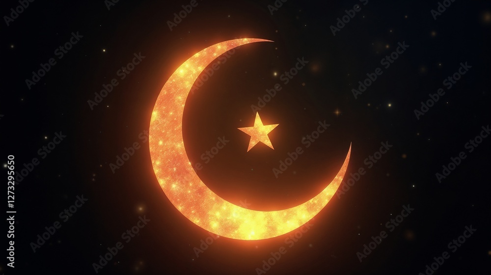 Shimmering crescent moon and star against a dark background illuminating the night sky in a captivating display of light and color Shimmering crescent moon and star against a dark background illuminating the night sky in a captivating display of light and color