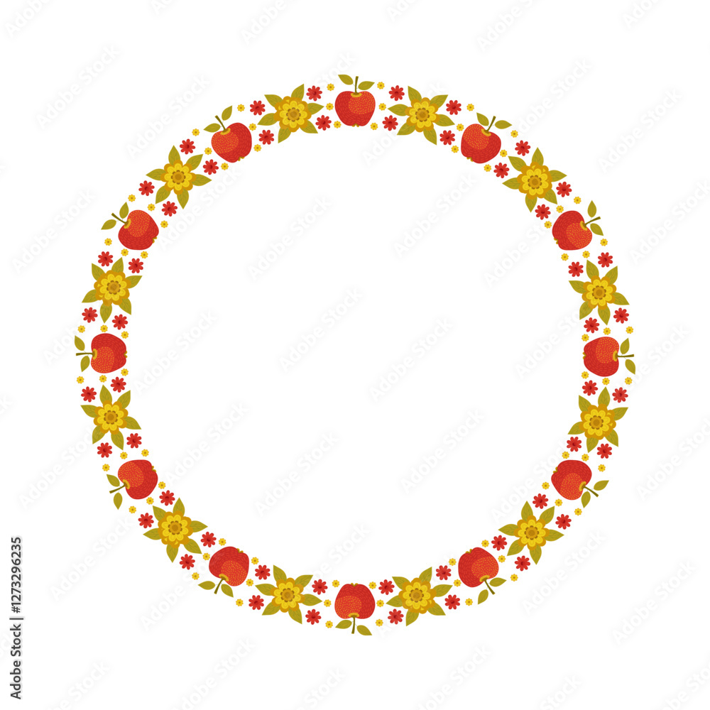 Round frame with Hand-drawn apples and flowers . Red textured apples and flowers isolated on a white background. Vector elements for invitations, postcards, posters, menus. Round frame with Hand-drawn apples and flowers . Red textured apples and flowers isolated on a white background. Vector elements for invitations, postcards, posters, menus.