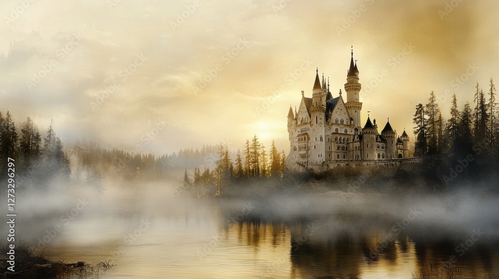 Obraz premium A Beautiful Watercolor Painting of a Majestic Castle Surrounded by a Serene Lake Landscape