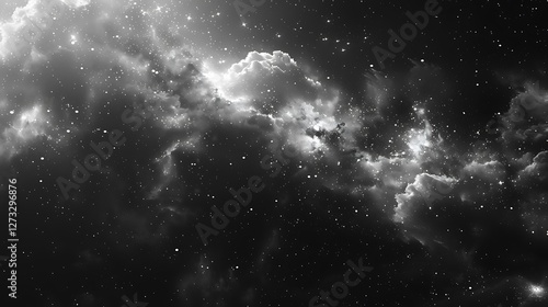 Starry Black and White Cloudy Night Sky in Cosmic Space